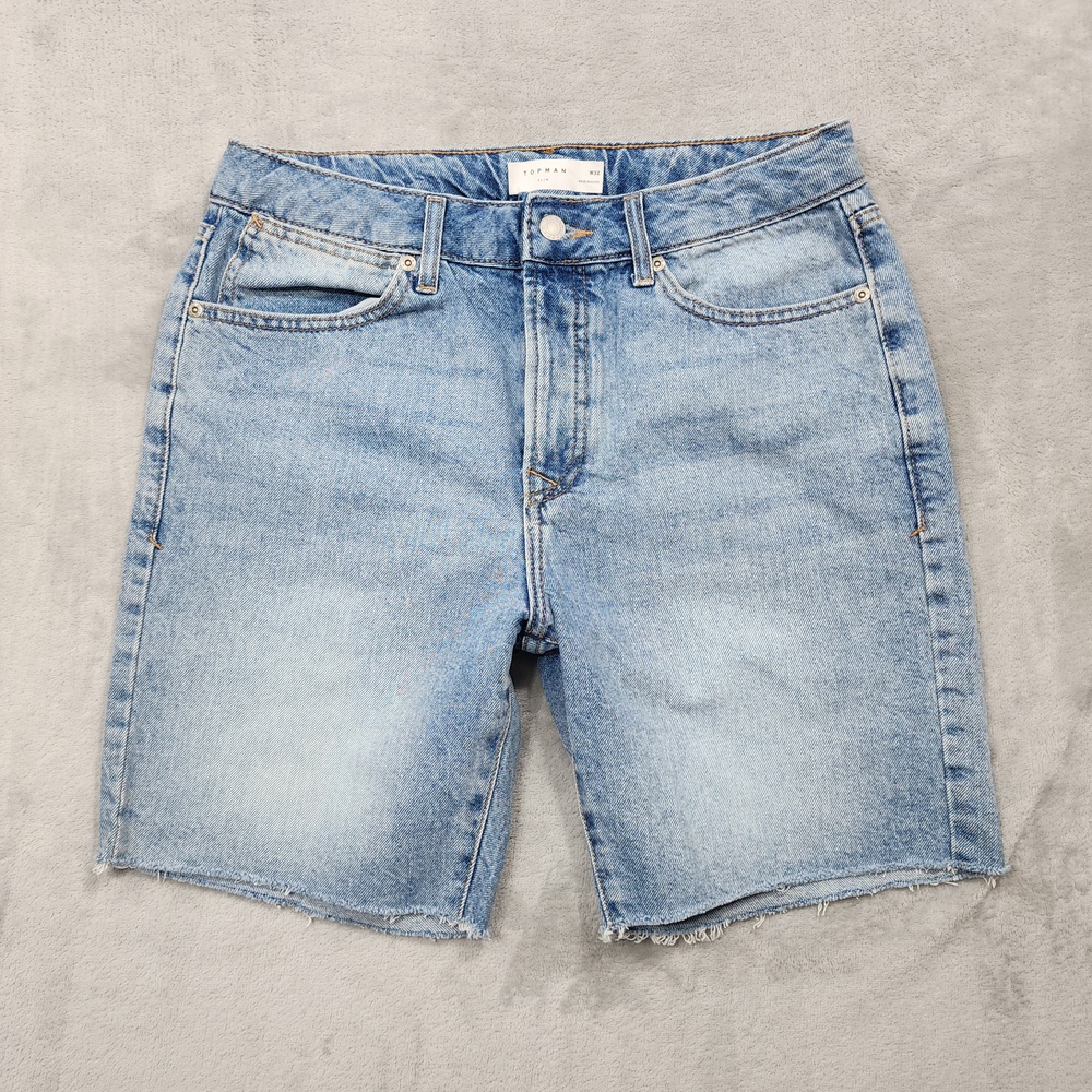 Topman Shorts Mens 32 Blue Denim Slim Fit Bermuda Cutoff Raw Hem Jorts Casual